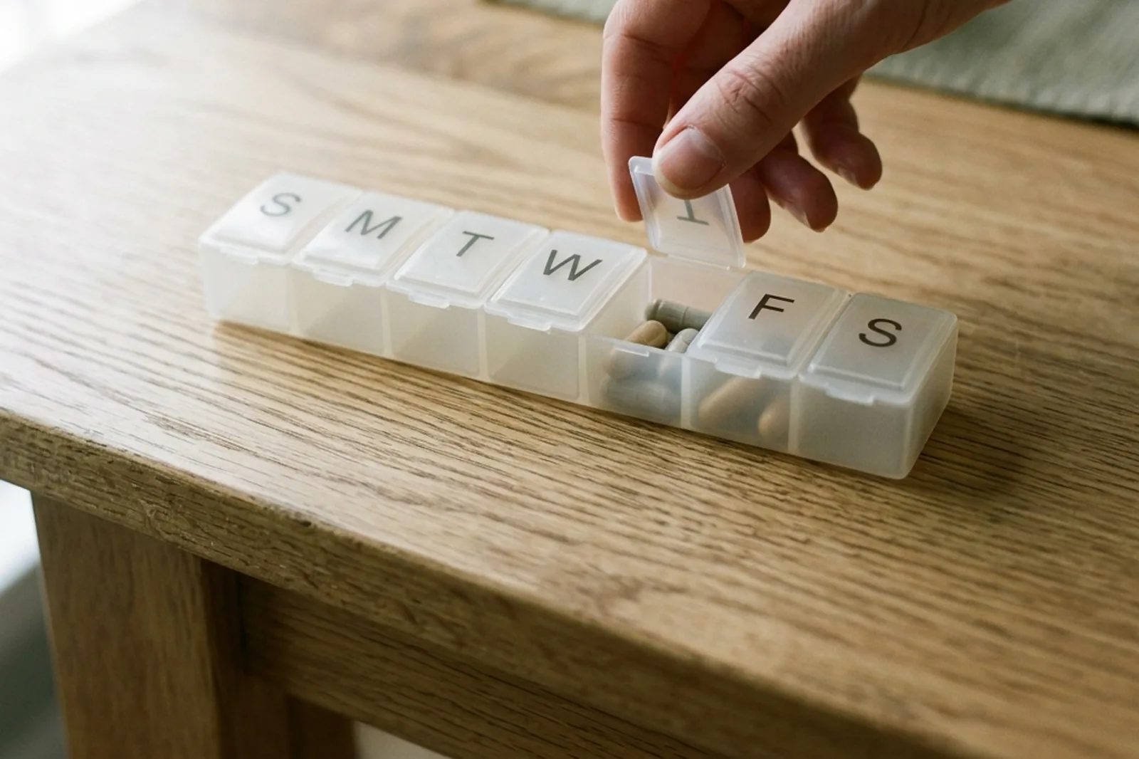 A hand closing the lid of a weekly plastic pill organizer on a wooden table.